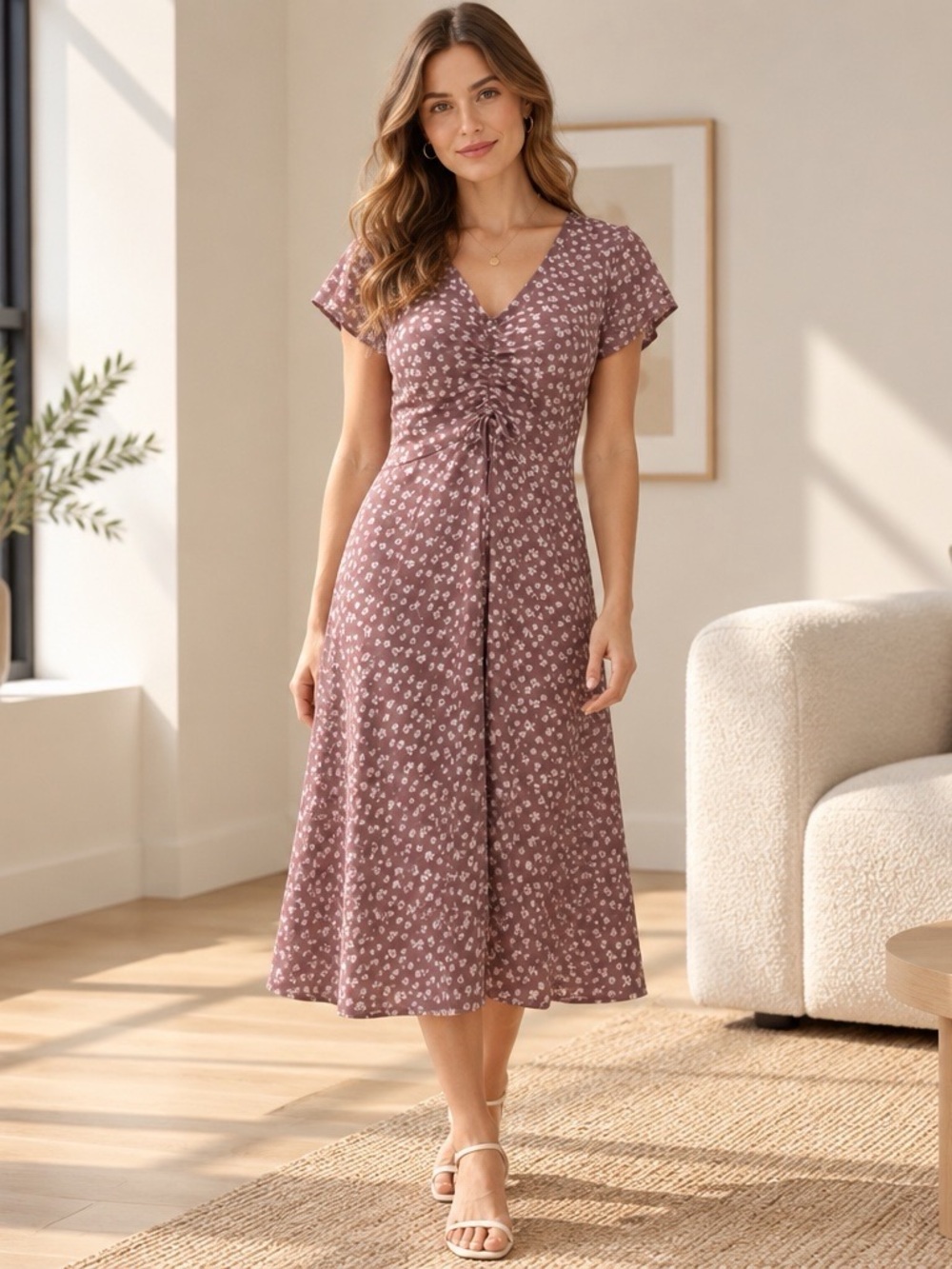 Monteau Los Angeles Mauve Floral Ruched Front Midi Dress Large